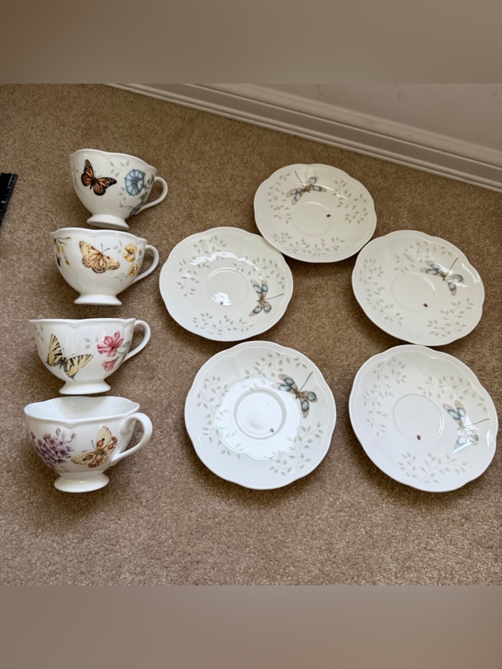 Lenox 9pc Tea Cup Saucer Set replacement Gray Floral Fine White Porcelain